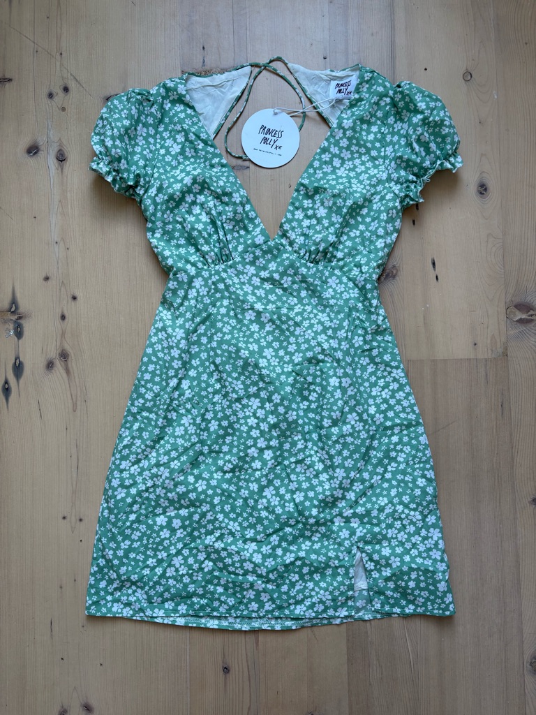 Princess Polly Kasey Green White Floral Mini Dress With V-Neck Tie Back - Size 4
